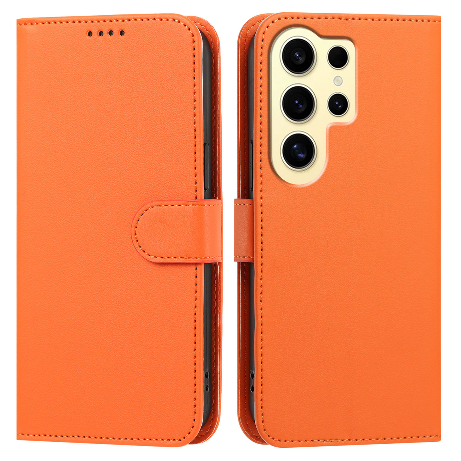 For Samsung Galaxy S24 Ultra Leather Case Wallet Stand Solid Color Anti Drop Phone Cover - Orange