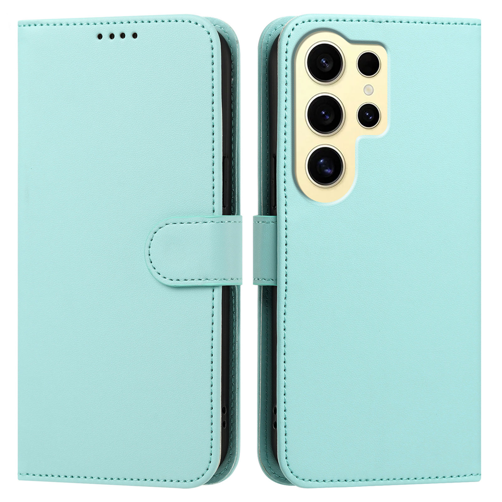 For Samsung Galaxy S24 Ultra Leather Case Wallet Stand Solid Color Anti Drop Phone Cover - Light Green