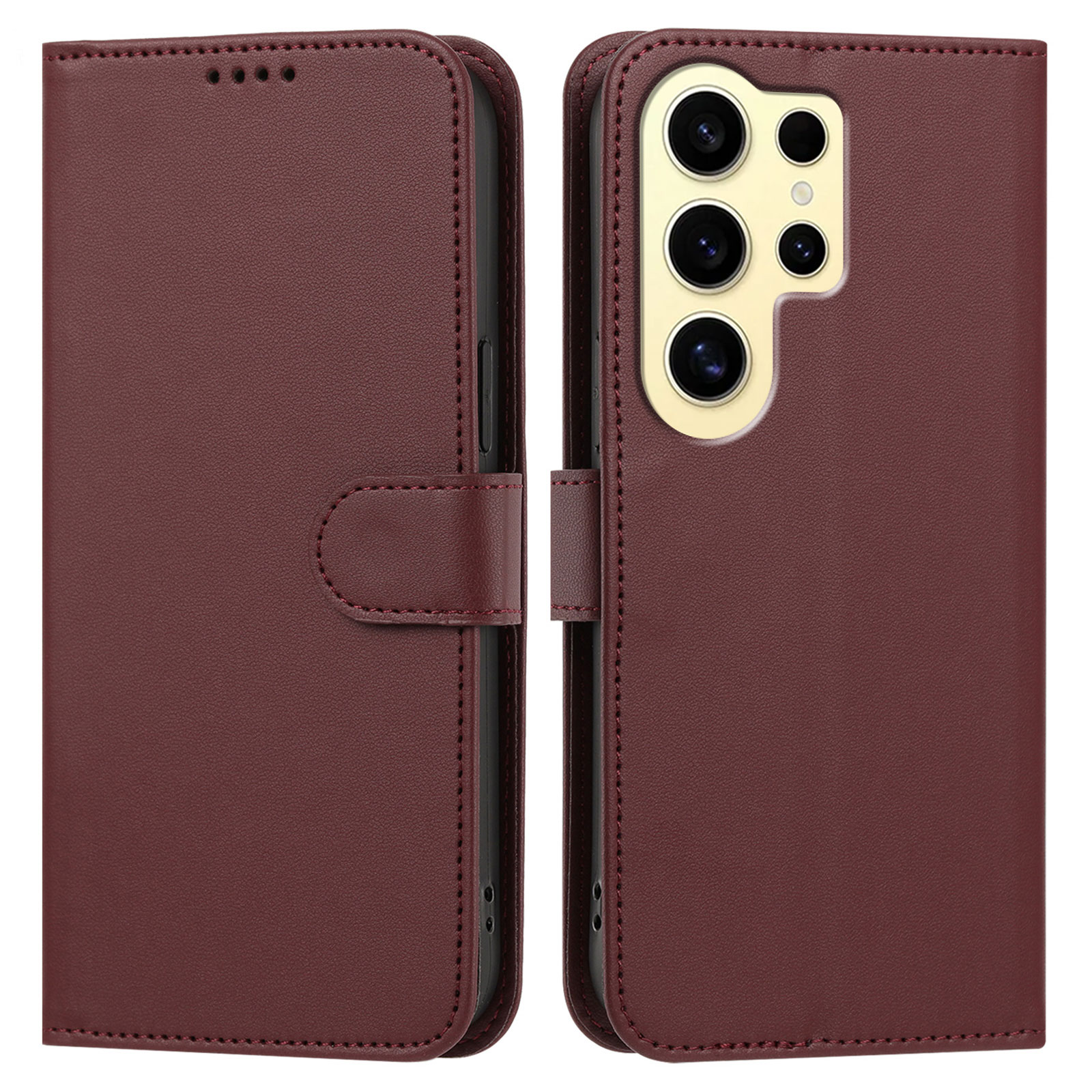 For Samsung Galaxy S24 Ultra Leather Case Wallet Stand Solid Color Anti Drop Phone Cover - Wine Red
