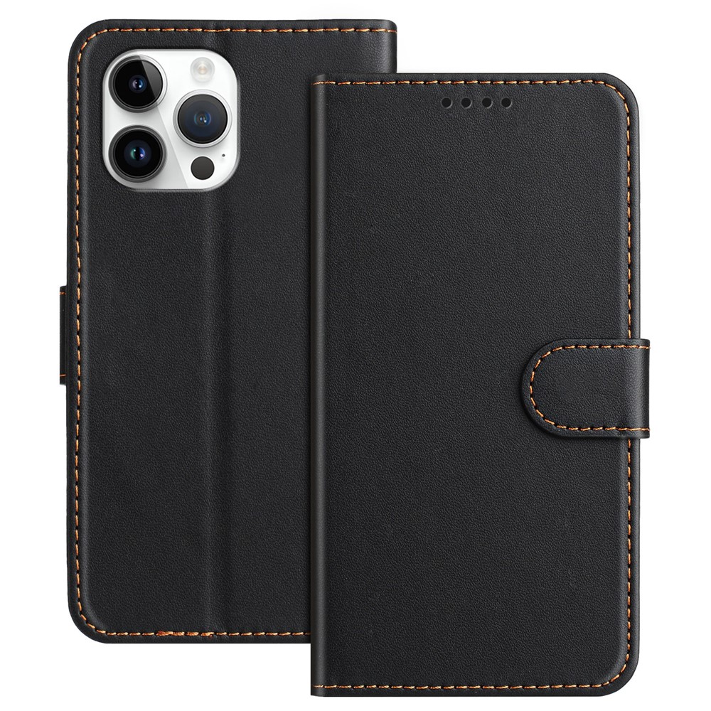 For iPhone 13 Pro Max 6.7 inch Leather Case Wallet Stand Solid Color Anti Drop Phone Cover - Black