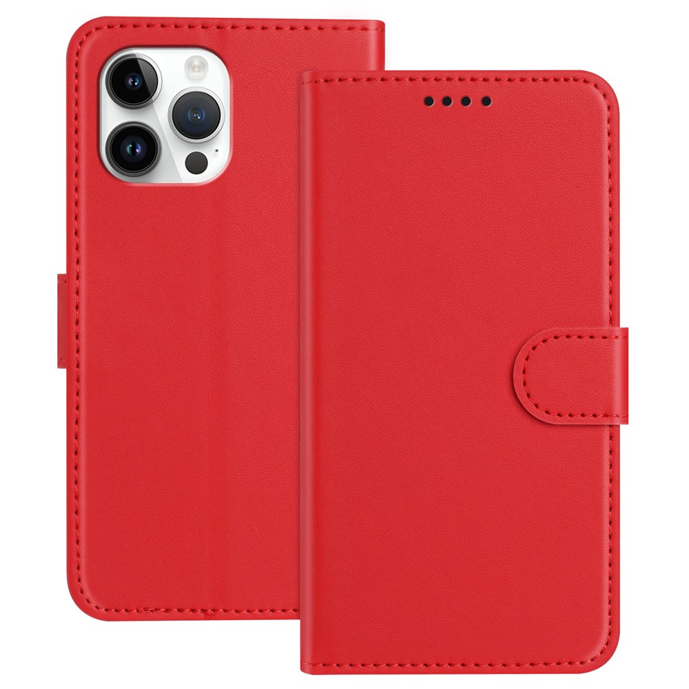For iPhone 13 Pro Max 6.7 inch Leather Case Wallet Stand Solid Color Anti Drop Phone Cover - Red