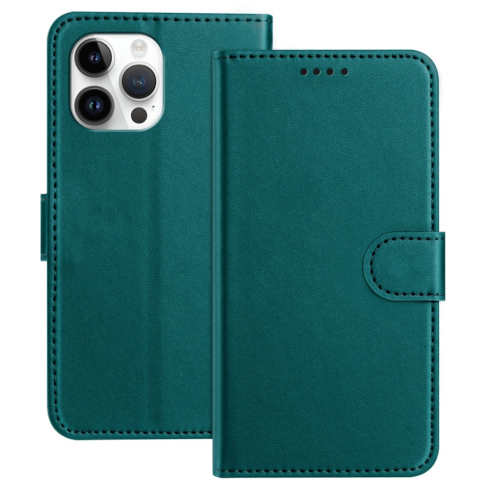 For iPhone 13 Pro Max 6.7 inch Leather Case Wallet Stand Solid Color Anti Drop Phone Cover - Green