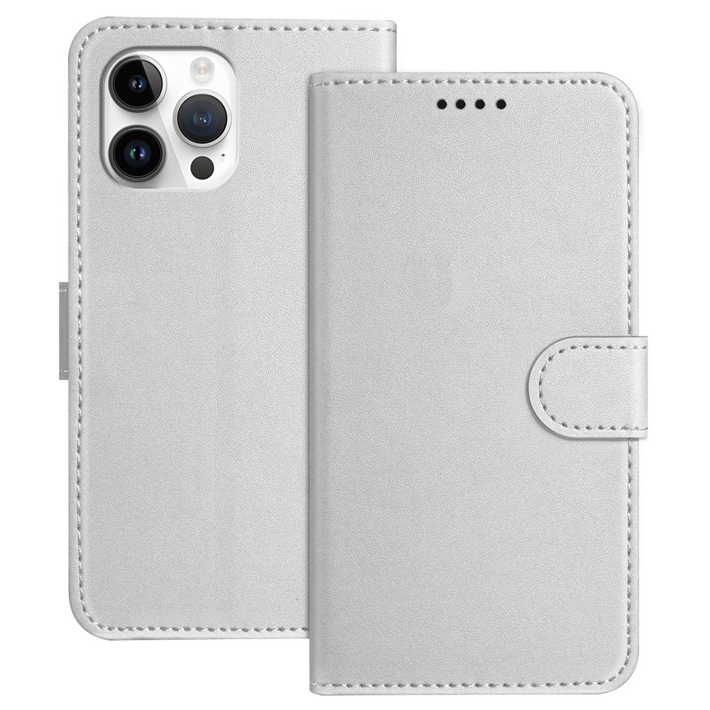 For iPhone 13 Pro Max 6.7 inch Leather Case Wallet Stand Solid Color Anti Drop Phone Cover - Silver