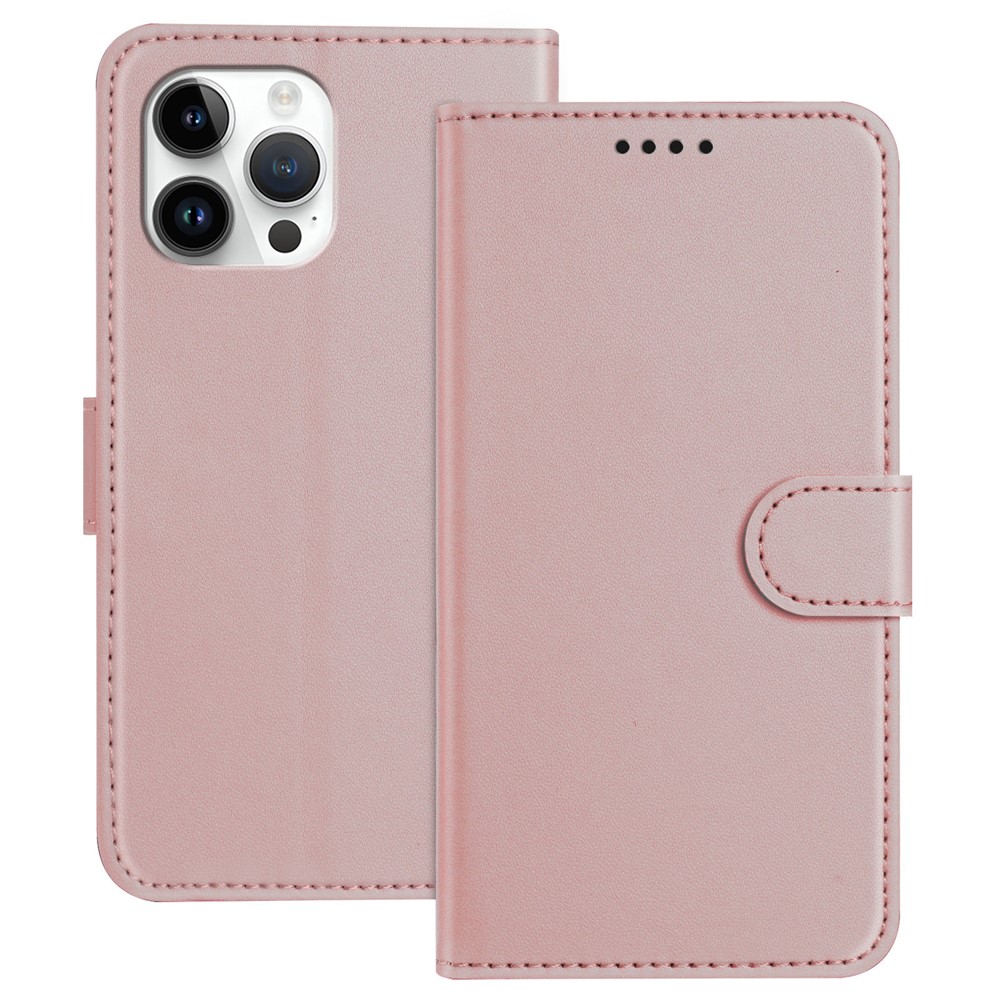 For iPhone 13 Pro Max 6.7 inch Leather Case Wallet Stand Solid Color Anti Drop Phone Cover - Rose Gold