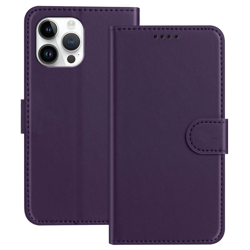 For iPhone 13 Pro Max 6.7 inch Leather Case Wallet Stand Solid Color Anti Drop Phone Cover - Purple