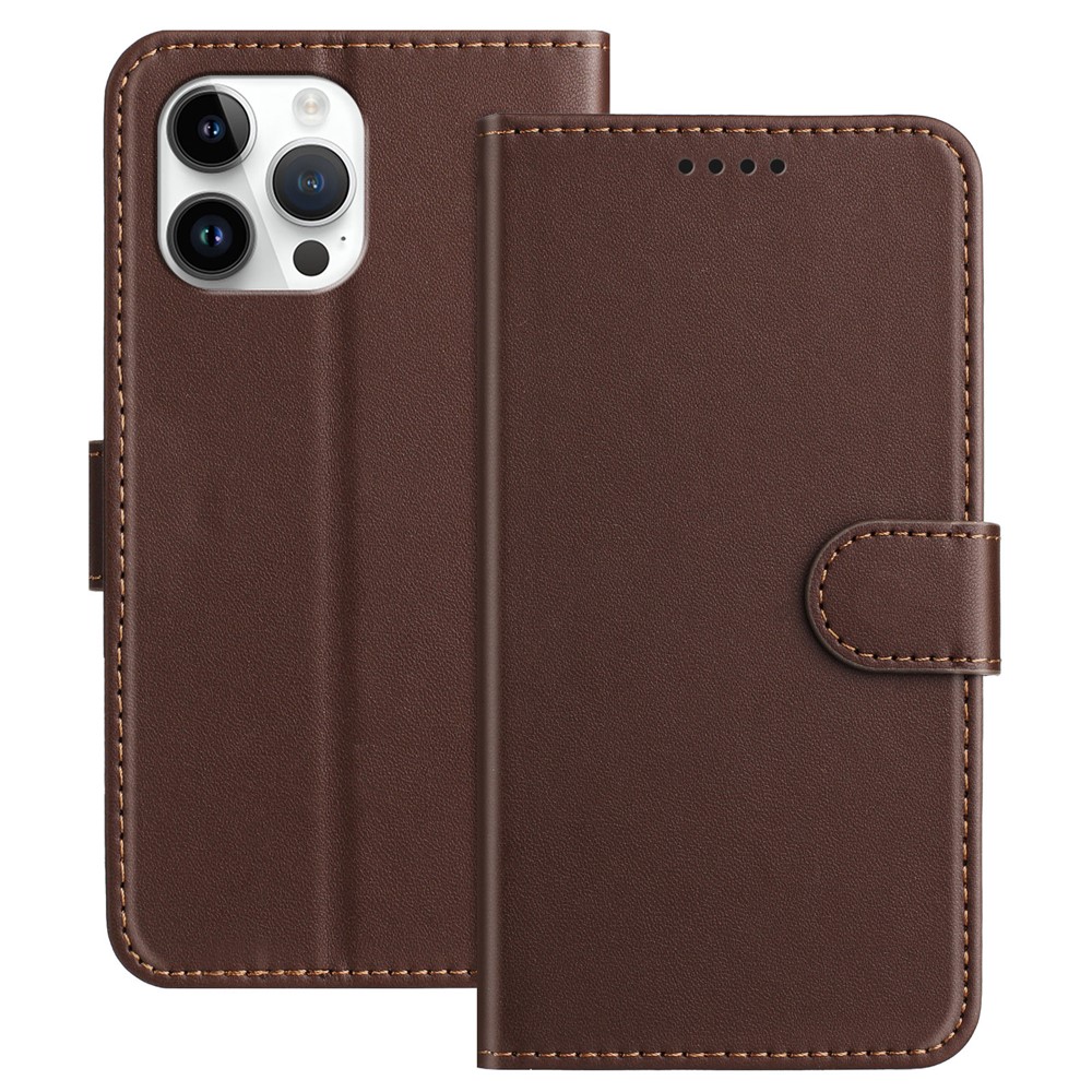 For iPhone 13 Pro Max 6.7 inch Leather Case Wallet Stand Solid Color Anti Drop Phone Cover - Brown