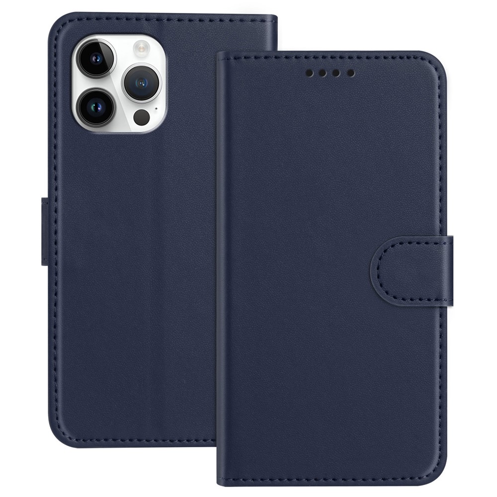 For iPhone 13 Pro Max 6.7 inch Leather Case Wallet Stand Solid Color Anti Drop Phone Cover - Blue