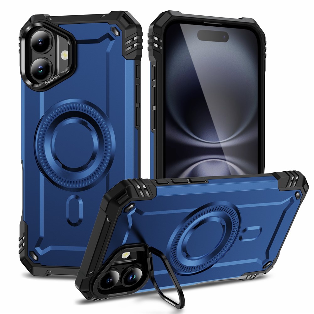 For iPhone 16 Plus Magnetic Case Lens Kickstand PC + TPU Shockproof Phone Cover - Blue