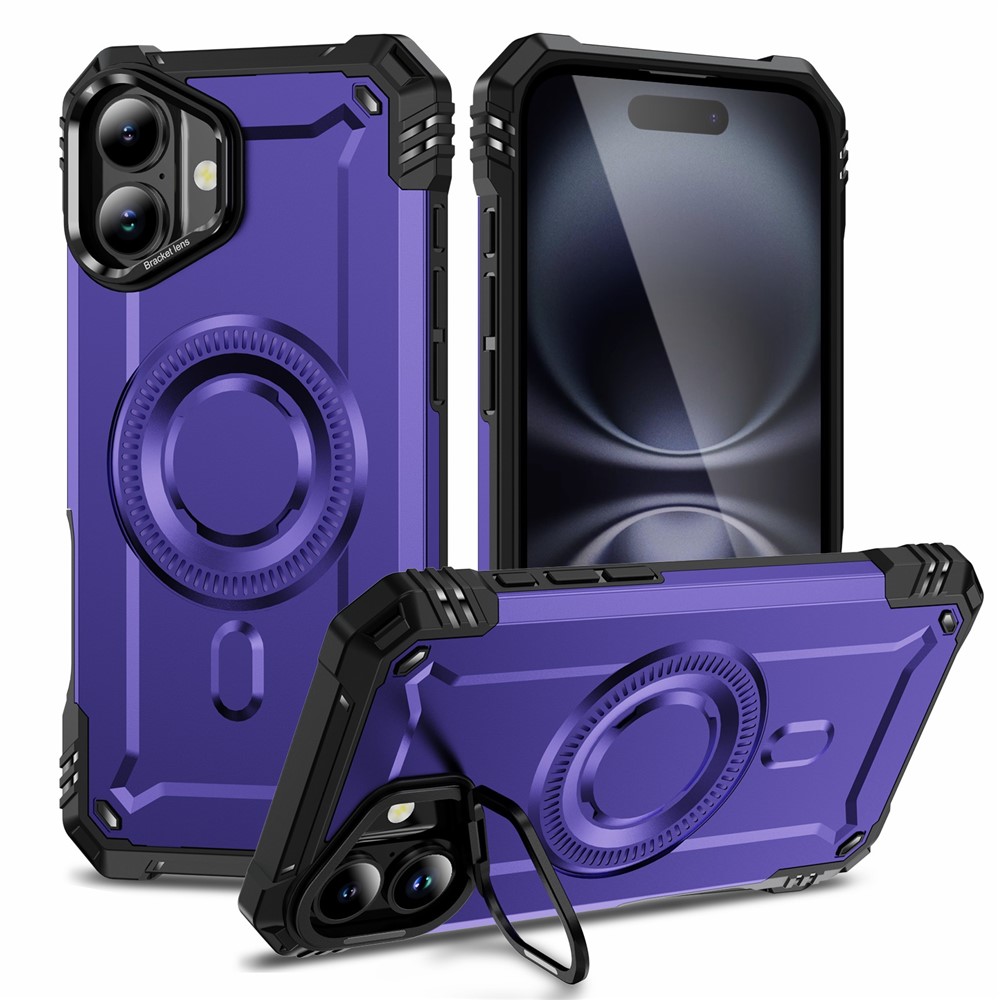 For iPhone 16 Plus Magnetic Case Lens Kickstand PC + TPU Shockproof Phone Cover - Purple