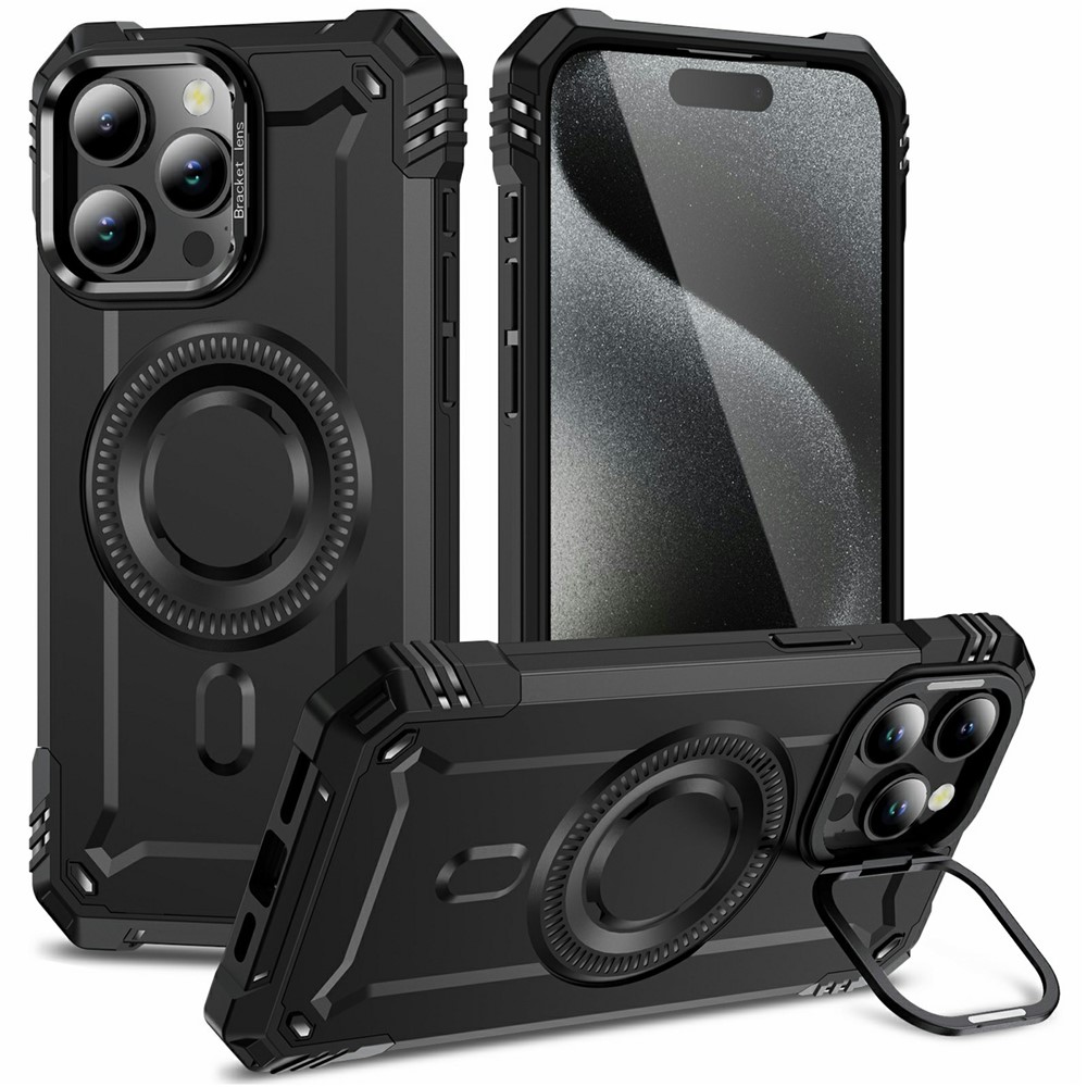 For iPhone 15 Pro Max Magnetic Case Lens Kickstand PC + TPU Shockproof Phone Cover - Black