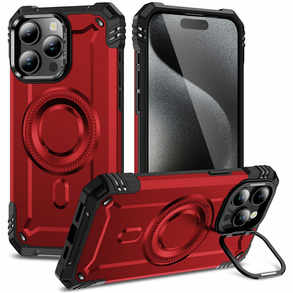 For iPhone 15 Pro Magnetic Case Lens Kickstand PC + TPU Shockproof Phone Cover - Red