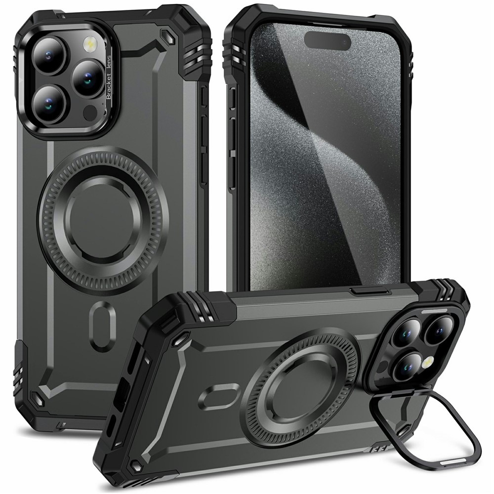 For iPhone 15 Pro Magnetic Case Lens Kickstand PC + TPU Shockproof Phone Cover - Grey