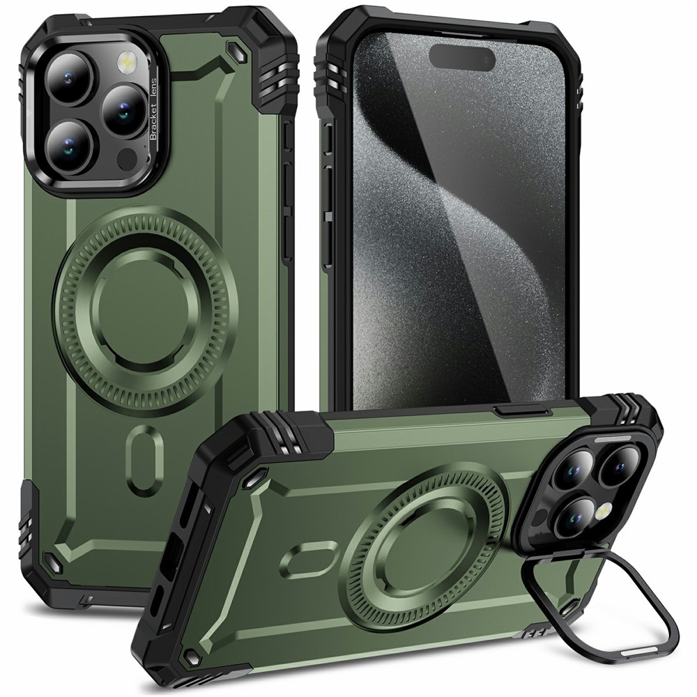 For iPhone 15 Pro Magnetic Case Lens Kickstand PC + TPU Shockproof Phone Cover - Army Green