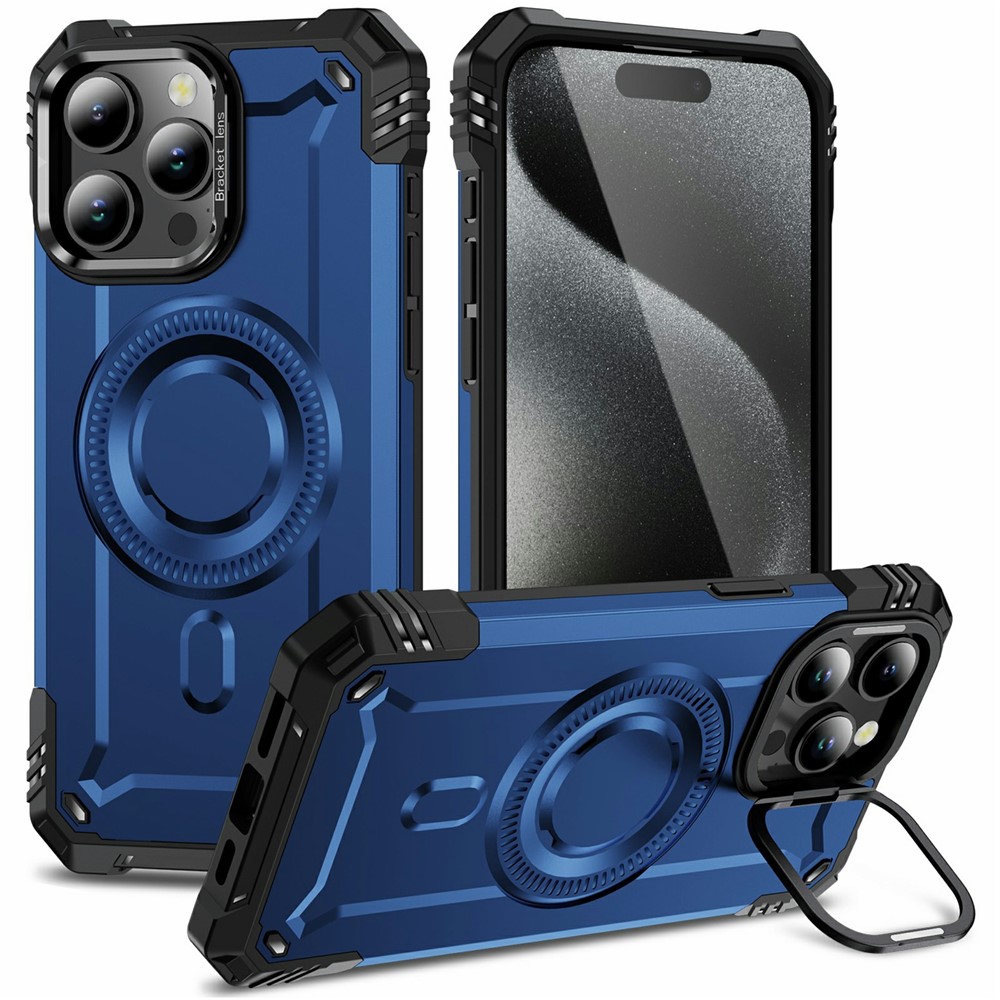 For iPhone 15 Pro Magnetic Case Lens Kickstand PC + TPU Shockproof Phone Cover - Blue