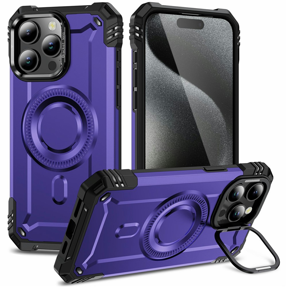 For iPhone 15 Pro Magnetic Case Lens Kickstand PC + TPU Shockproof Phone Cover - Purple