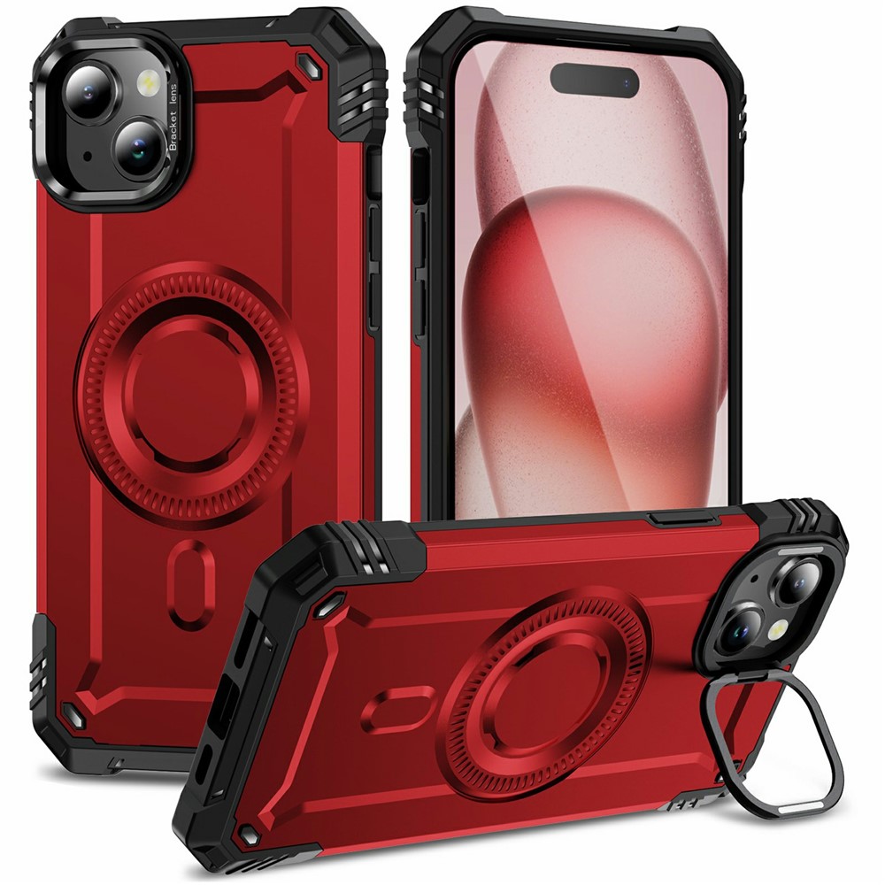 For iPhone 15 Magnetic Case Lens Kickstand PC + TPU Shockproof Phone Cover - Red