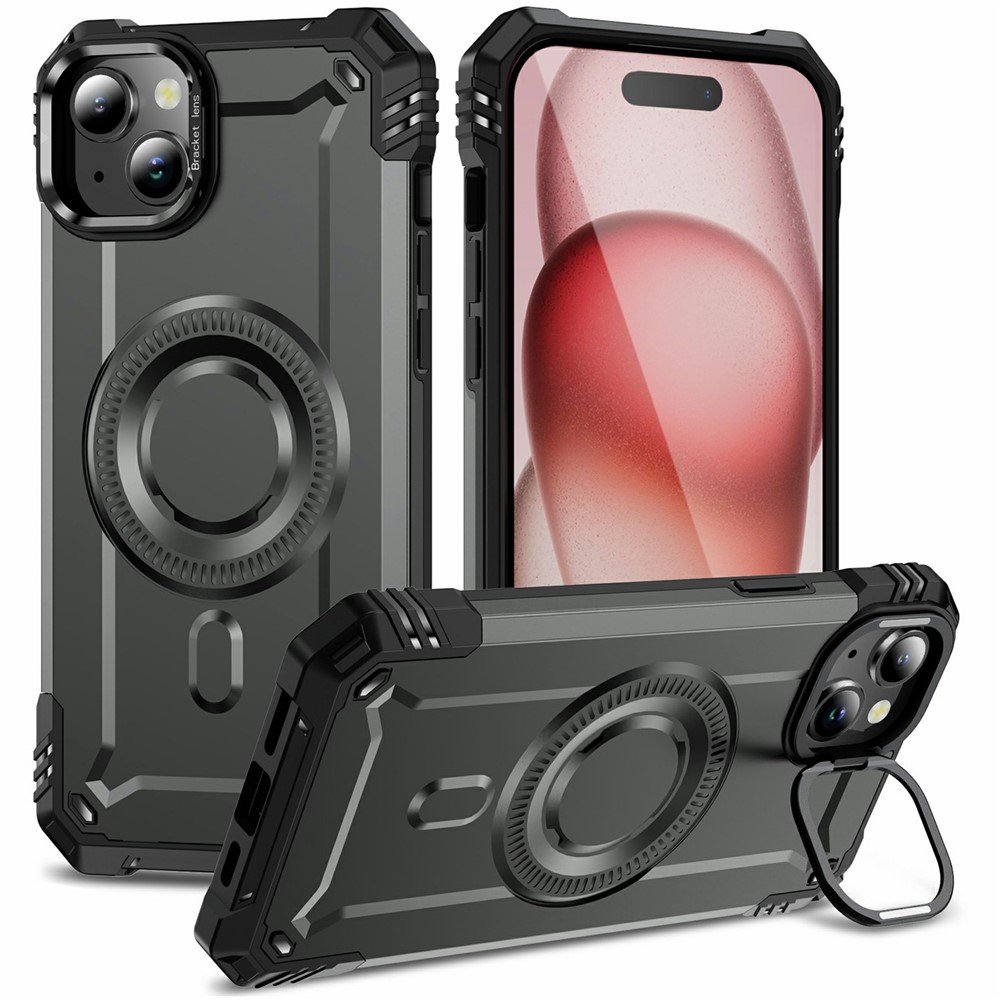 For iPhone 15 Magnetic Case Lens Kickstand PC + TPU Shockproof Phone Cover - Grey
