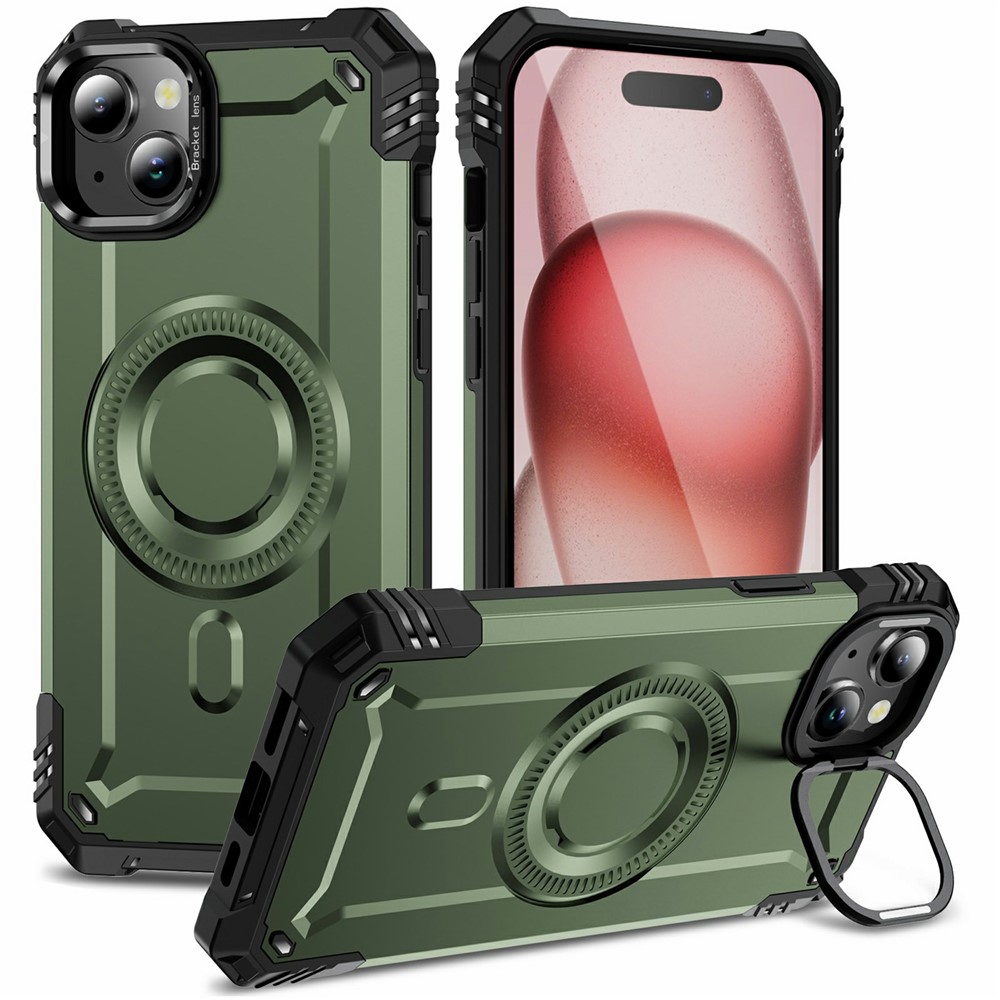 For iPhone 15 Magnetic Case Lens Kickstand PC + TPU Shockproof Phone Cover - Army Green