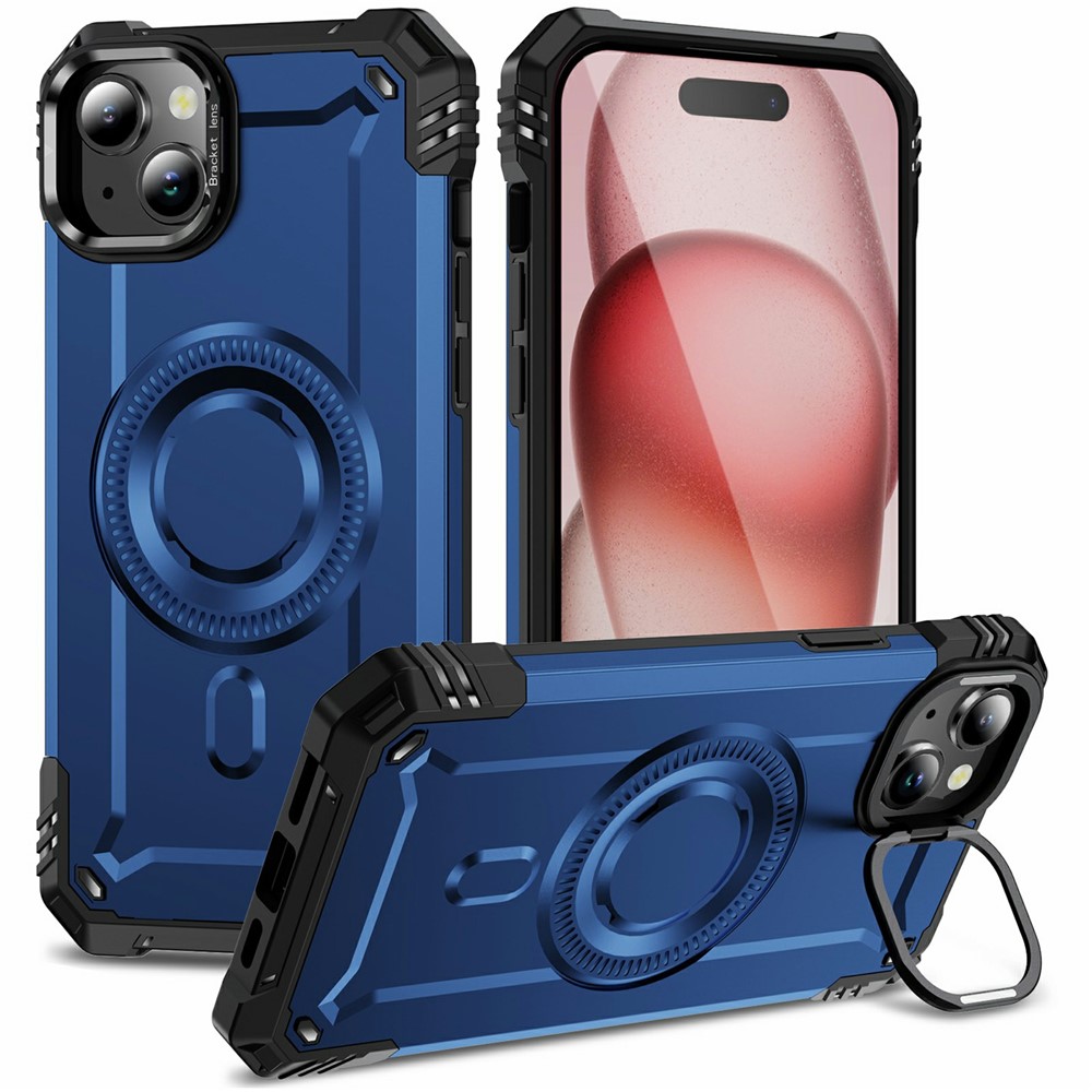 For iPhone 15 Magnetic Case Lens Kickstand PC + TPU Shockproof Phone Cover - Blue