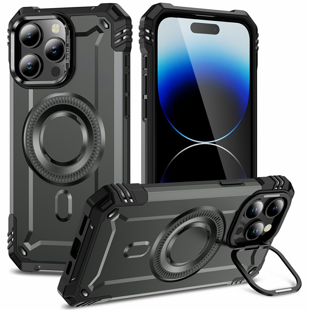 For iPhone 14 Pro Max Magnetic Case Lens Kickstand PC + TPU Shockproof Phone Cover - Grey