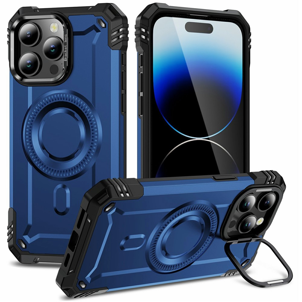 For iPhone 14 Pro Max Magnetic Case Lens Kickstand PC + TPU Shockproof Phone Cover - Blue