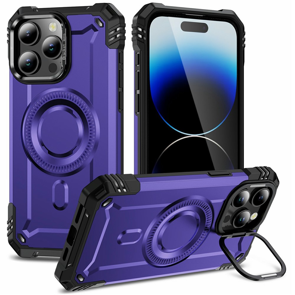 For iPhone 14 Pro Max Magnetic Case Lens Kickstand PC + TPU Shockproof Phone Cover - Purple