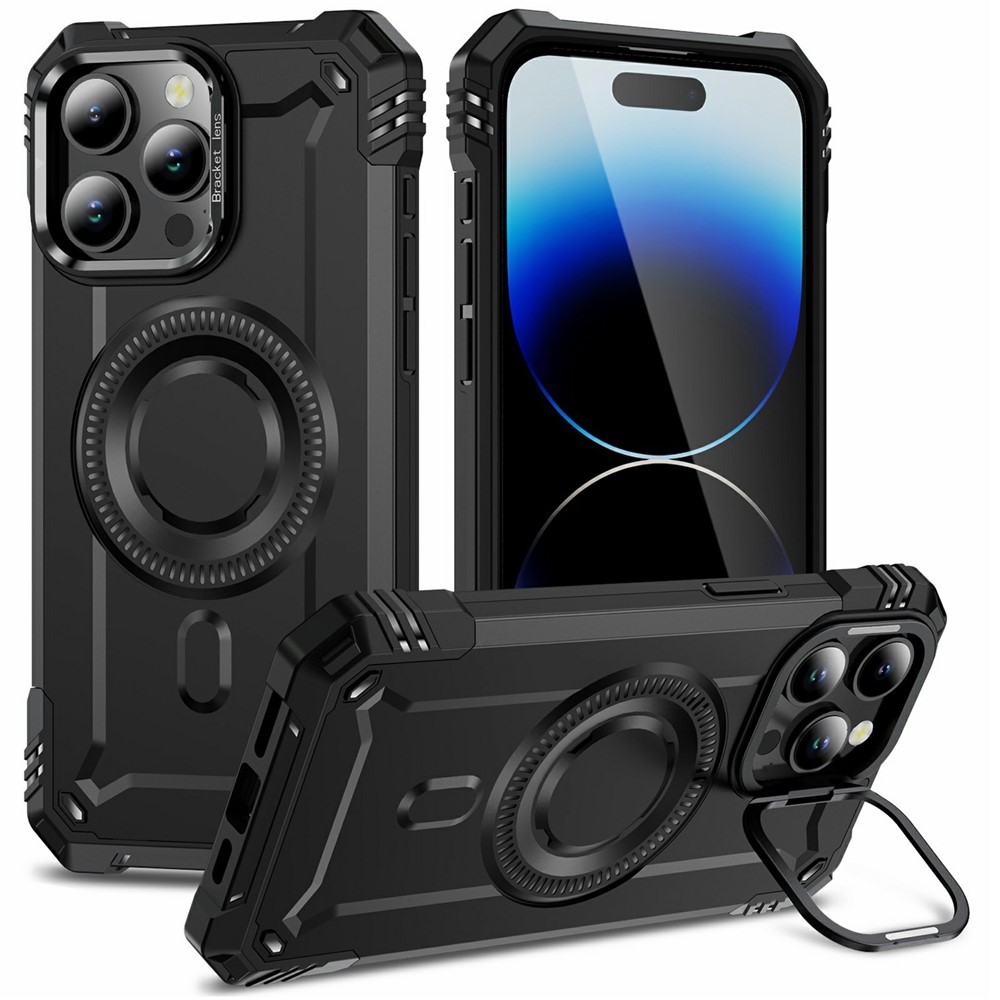For iPhone 14 Pro Magnetic Case Lens Kickstand PC + TPU Shockproof Phone Cover - Black