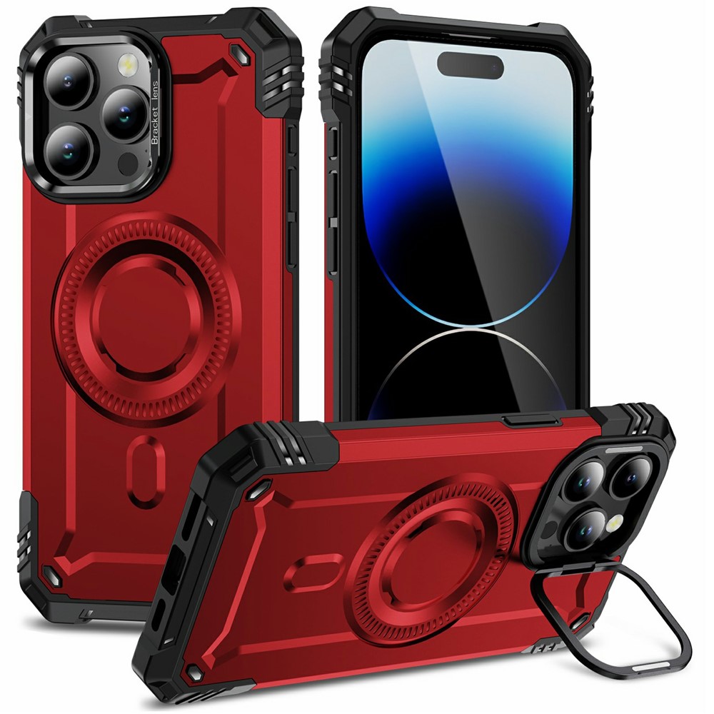 For iPhone 14 Pro Magnetic Case Lens Kickstand PC + TPU Shockproof Phone Cover - Red