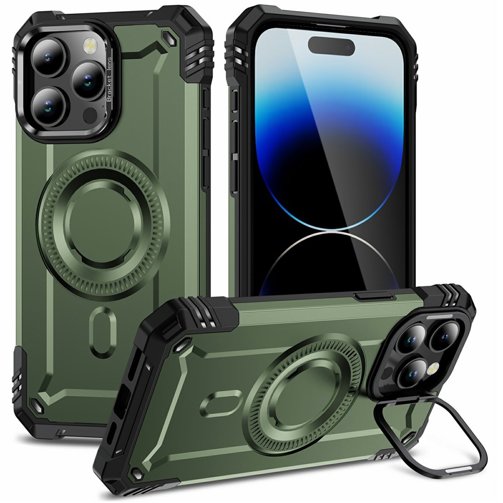 For iPhone 14 Pro Magnetic Case Lens Kickstand PC + TPU Shockproof Phone Cover - Army Green