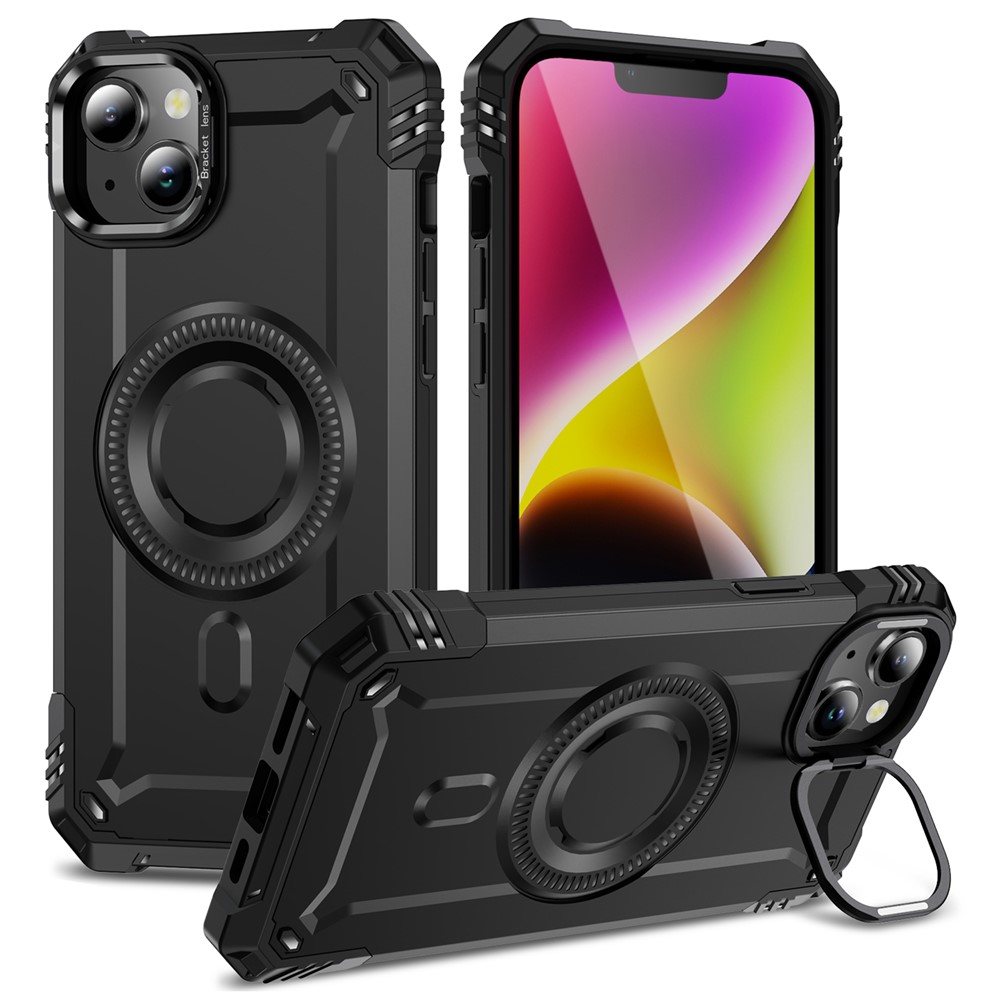 For iPhone 14 Magnetic Case Lens Kickstand PC + TPU Shockproof Phone Cover - Black