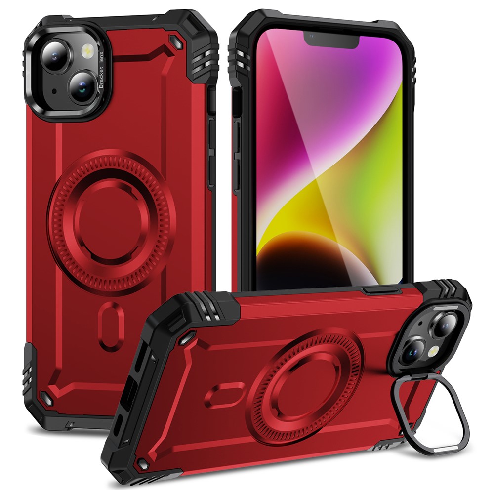 For iPhone 14 Magnetic Case Lens Kickstand PC + TPU Shockproof Phone Cover - Red