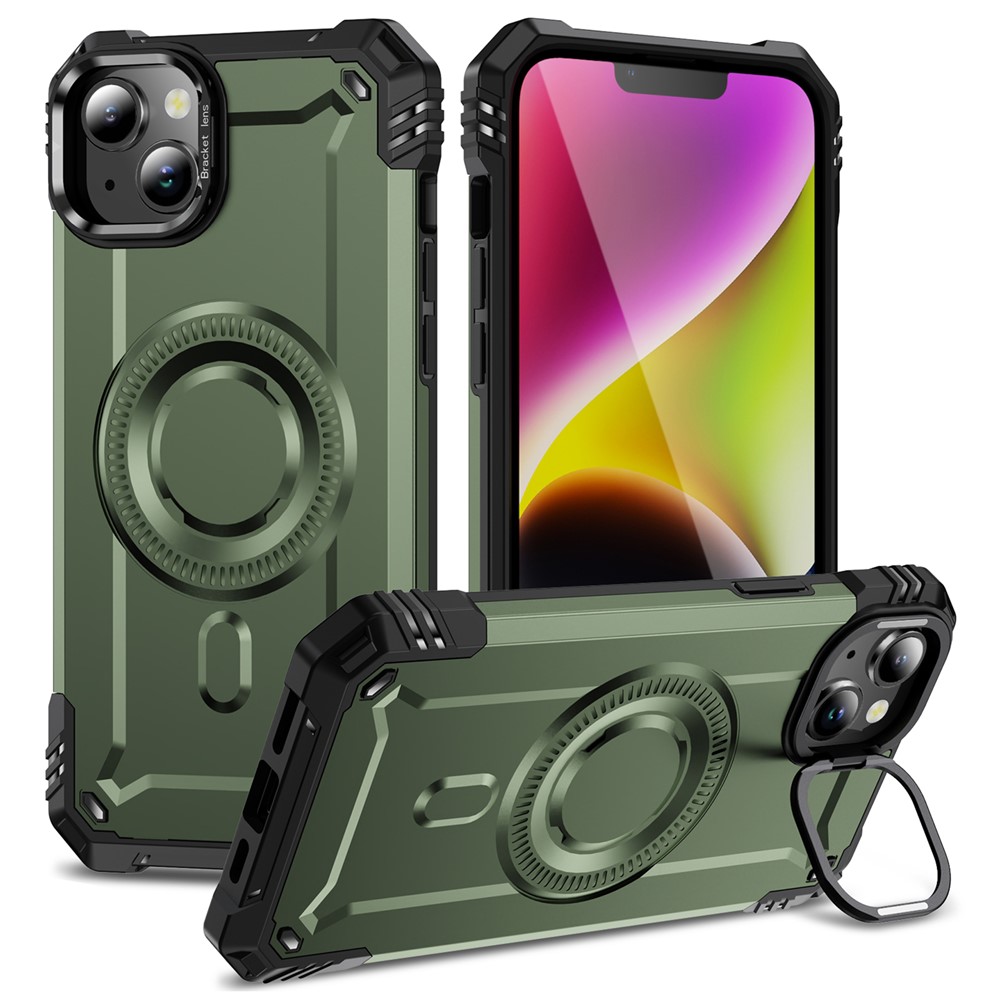 For iPhone 14 Magnetic Case Lens Kickstand PC + TPU Shockproof Phone Cover - Army Green