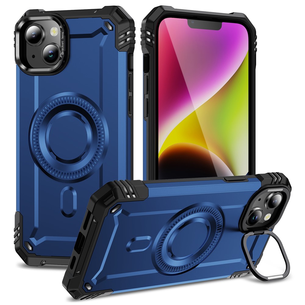 For iPhone 14 Magnetic Case Lens Kickstand PC + TPU Shockproof Phone Cover - Blue