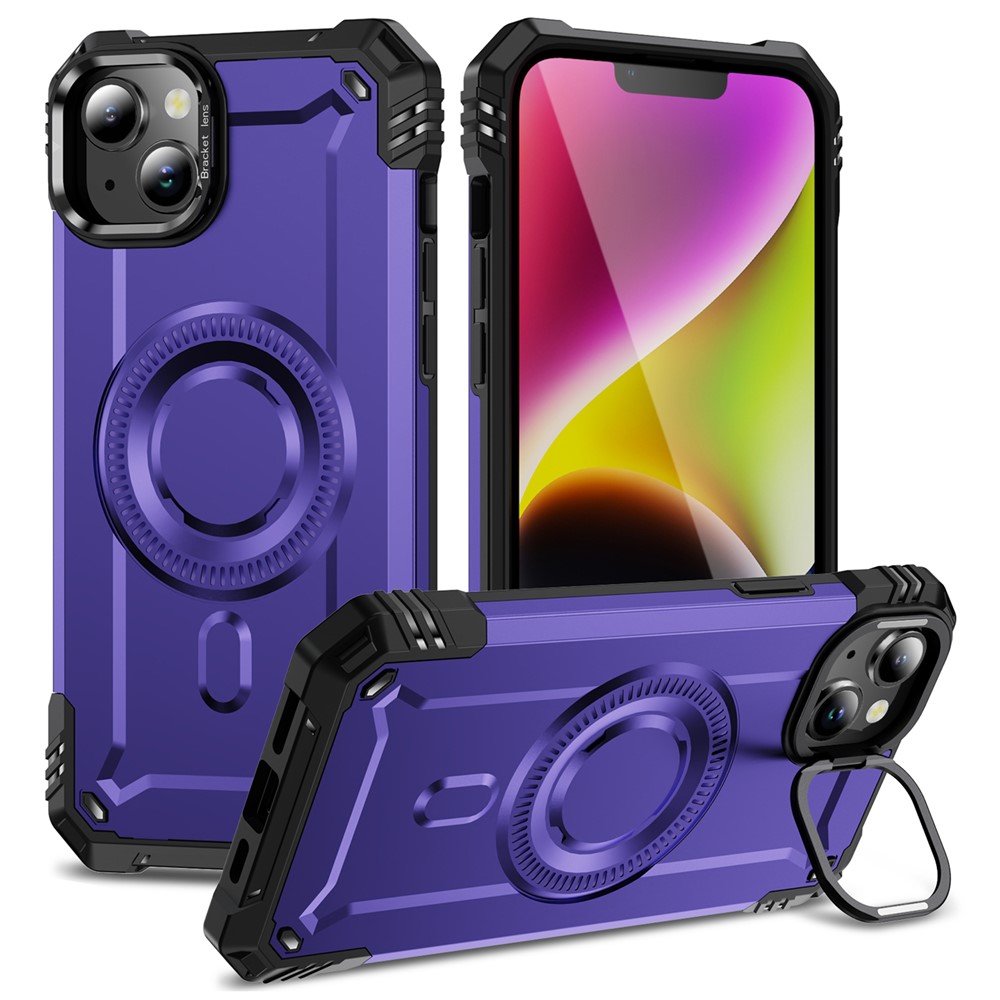 For iPhone 14 Magnetic Case Lens Kickstand PC + TPU Shockproof Phone Cover - Purple