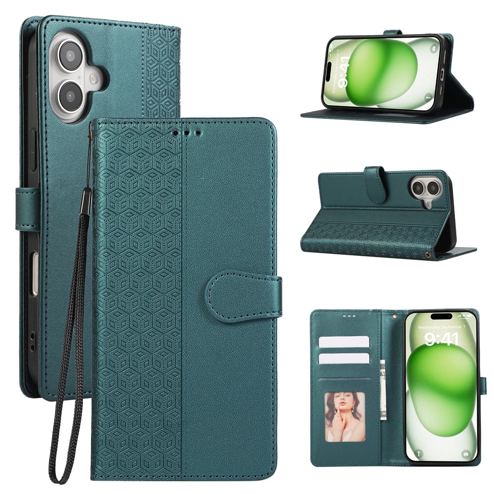 For iPhone 16 Plus Case Anti Scratch Splicing Imprinted Rhombus Leather Phone Cover - Green