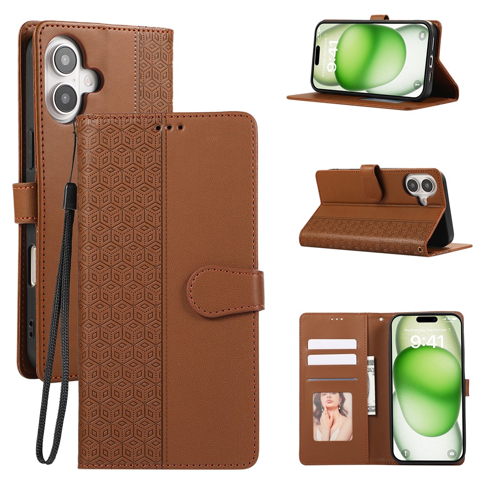 For iPhone 16 Plus Case Anti Scratch Splicing Imprinted Rhombus Leather Phone Cover - Brown