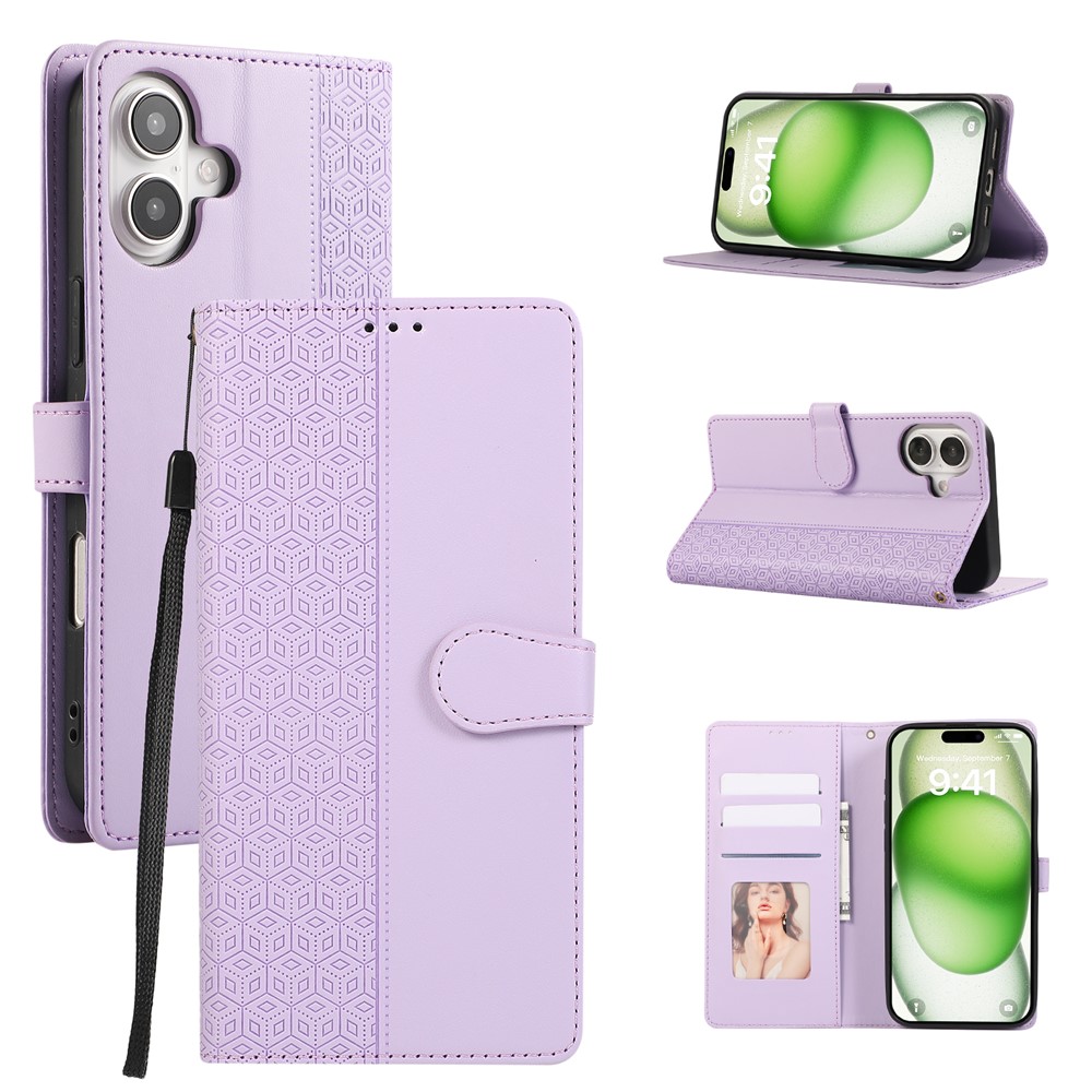 For iPhone 16 Plus Case Anti Scratch Splicing Imprinted Rhombus Leather Phone Cover - Purple