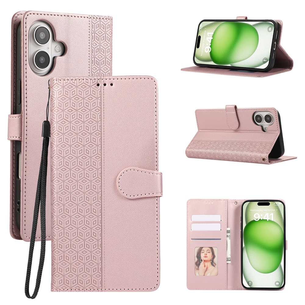 For iPhone 16 Plus Case Anti Scratch Splicing Imprinted Rhombus Leather Phone Cover - Rose Gold