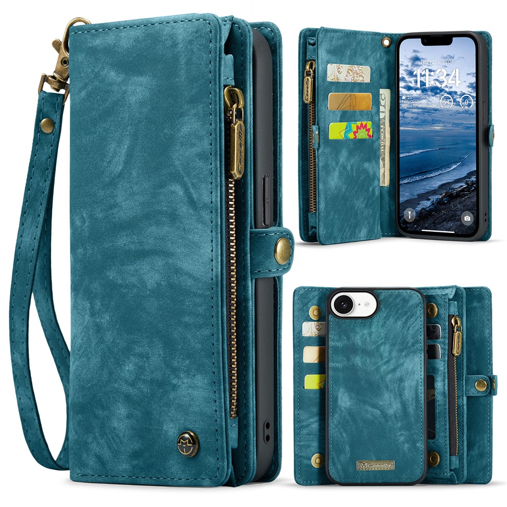 For iPhone 16e Phone Cases CASEME 008 Leather Cover with Detachable Wallet and Strap - Blue
