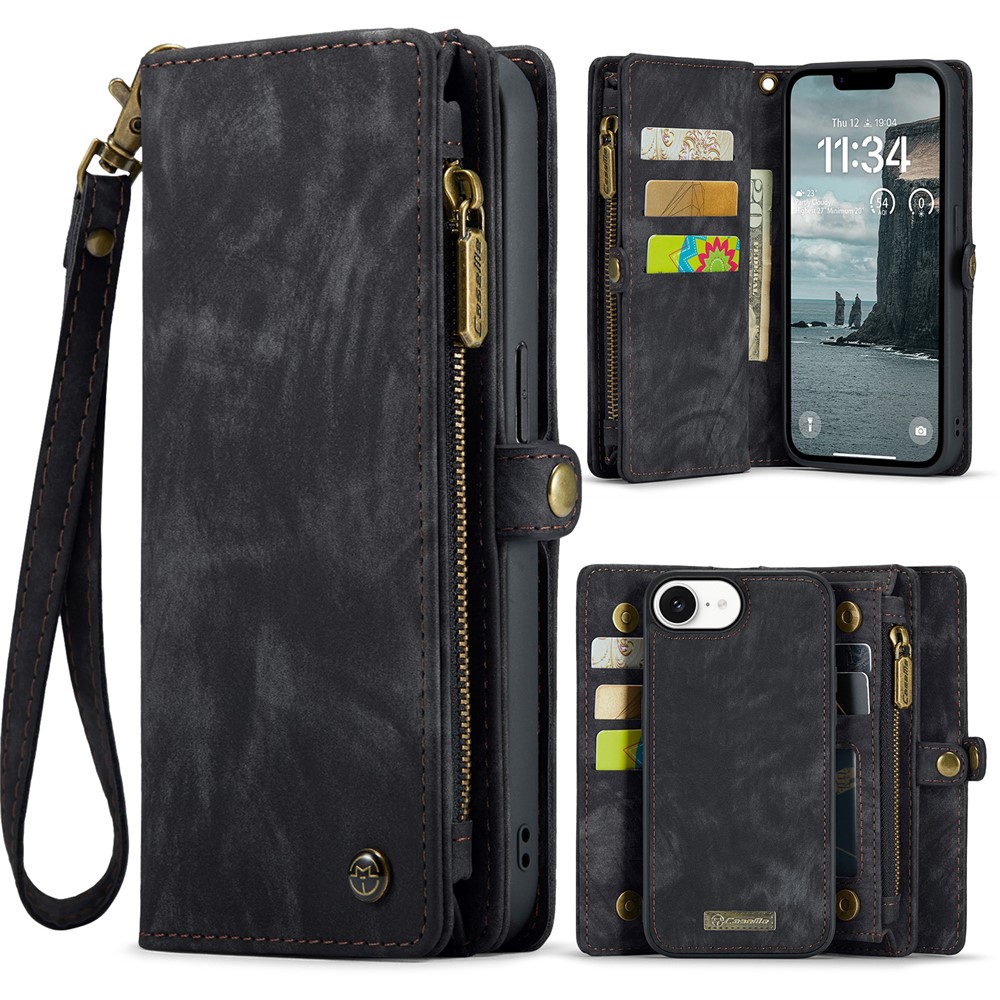 For iPhone 16e Phone Cases CASEME 008 Leather Cover with Detachable Wallet and Strap - Black