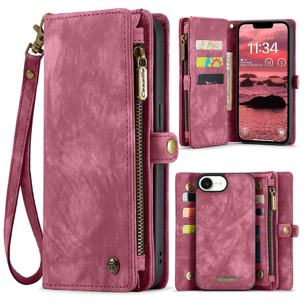 For iPhone 16e Phone Cases CASEME 008 Leather Cover with Detachable Wallet and Strap - Red