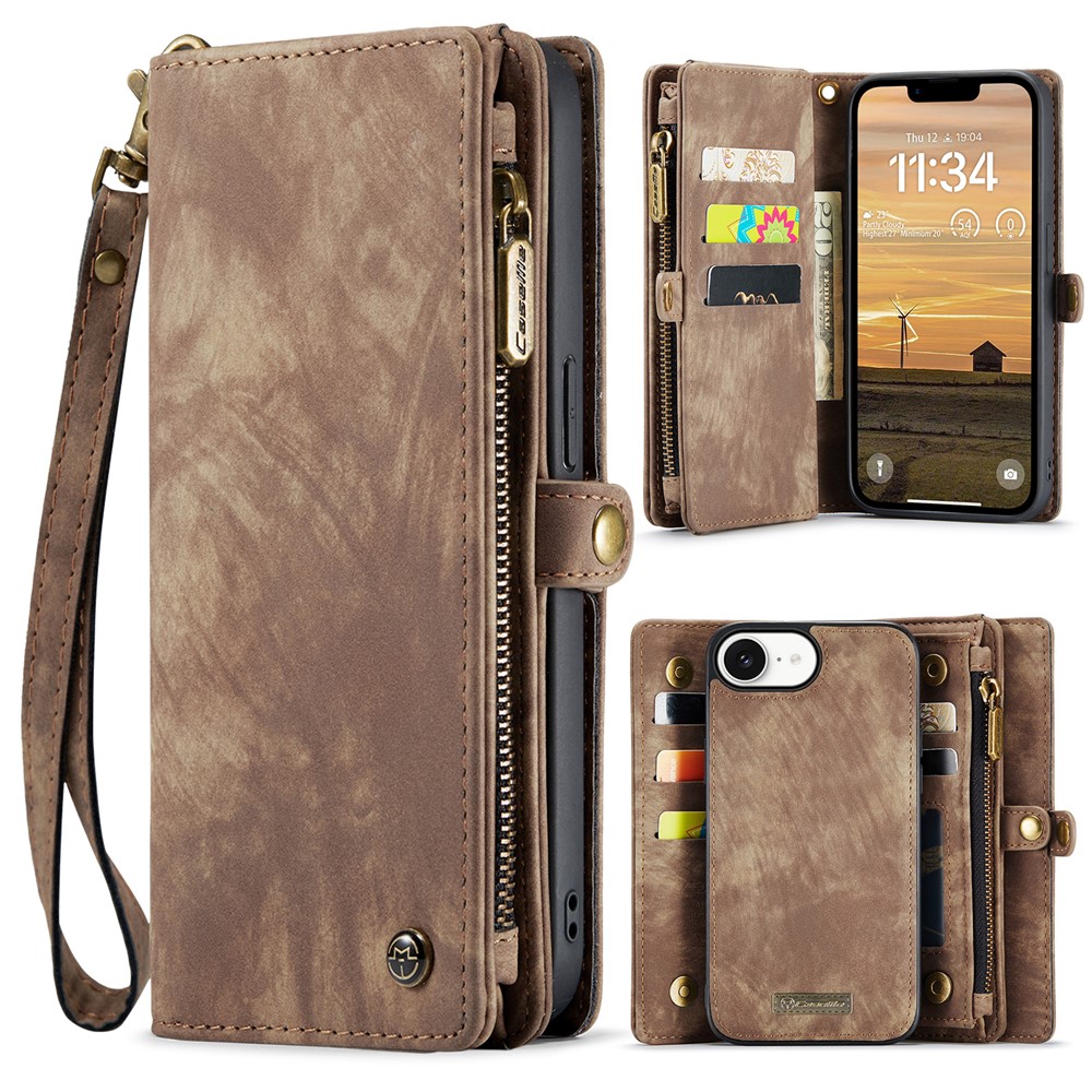 For iPhone 16e Phone Cases CASEME 008 Leather Cover with Detachable Wallet and Strap - Brown