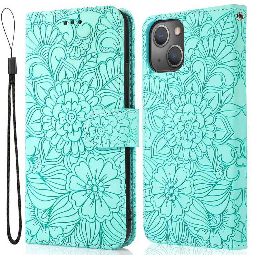 Anti-drop Phone Case for iPhone 13 mini 5.4 inch, Imprinted Flower Pattern Stand Flip Leather Wallet Cover with Strap - Green