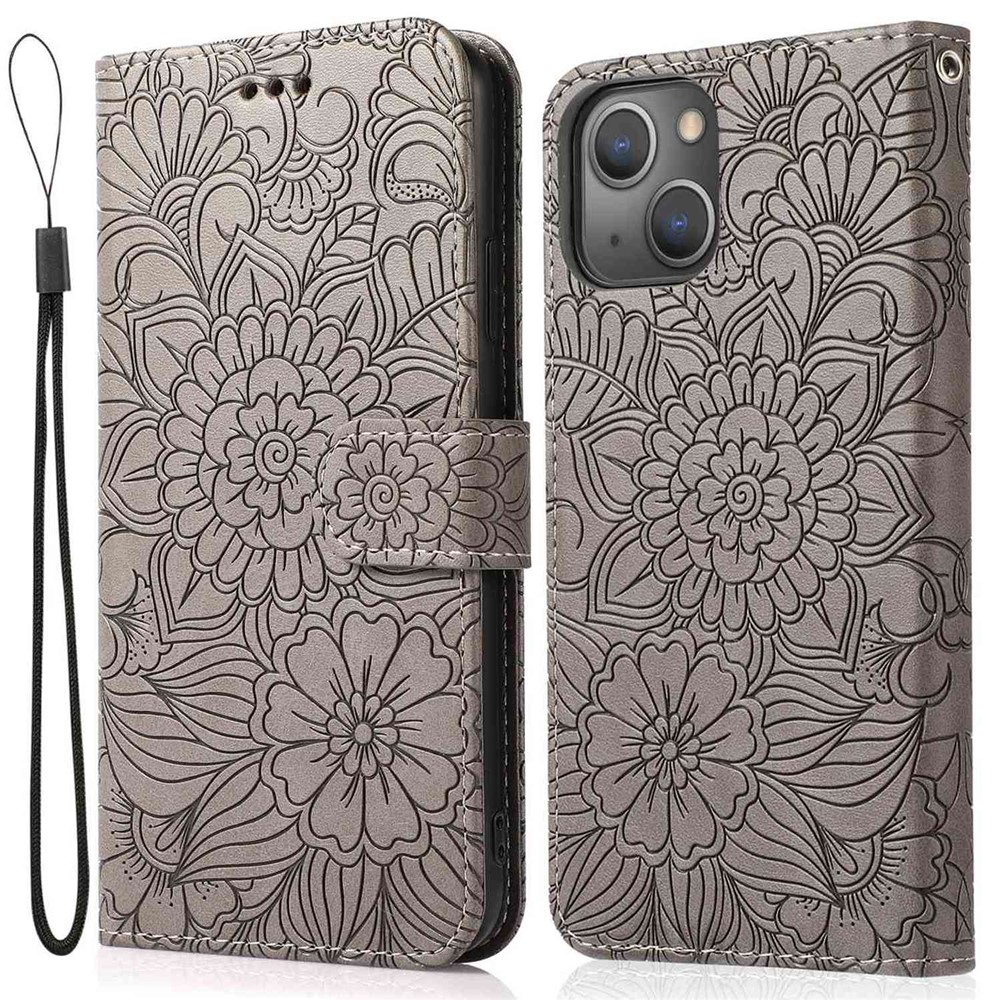 Anti-drop Phone Case for iPhone 13 mini 5.4 inch, Imprinted Flower Pattern Stand Flip Leather Wallet Cover with Strap - Grey