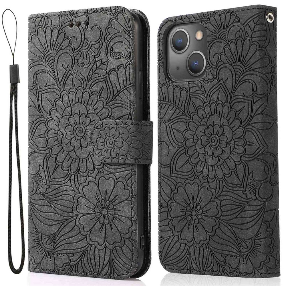 Anti-drop Phone Case for iPhone 13 mini 5.4 inch, Imprinted Flower Pattern Stand Flip Leather Wallet Cover with Strap - Black