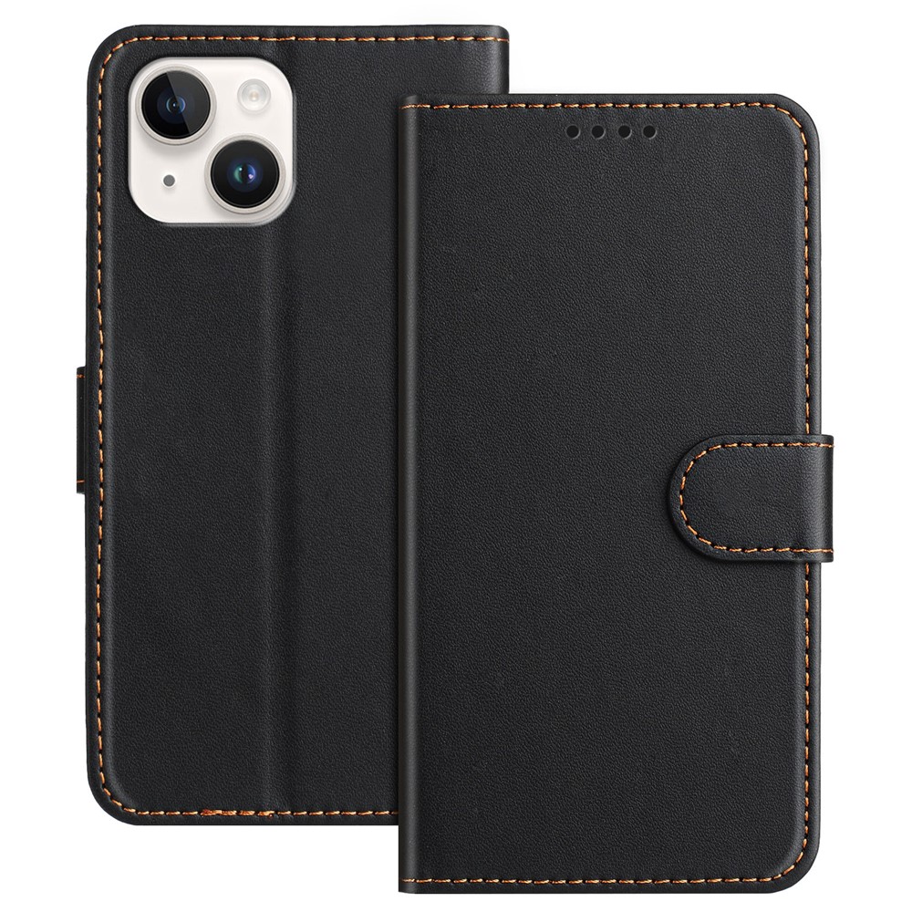 For iPhone 13 mini 5.4 inch Leather Case Wallet Stand Solid Color Anti Drop Phone Cover - Black