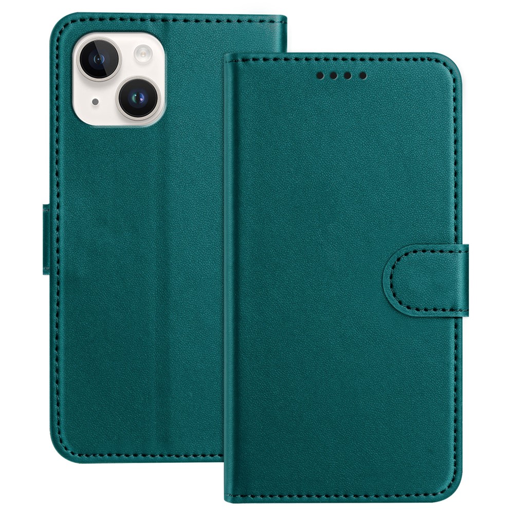 For iPhone 13 mini 5.4 inch Leather Case Wallet Stand Solid Color Anti Drop Phone Cover - Green