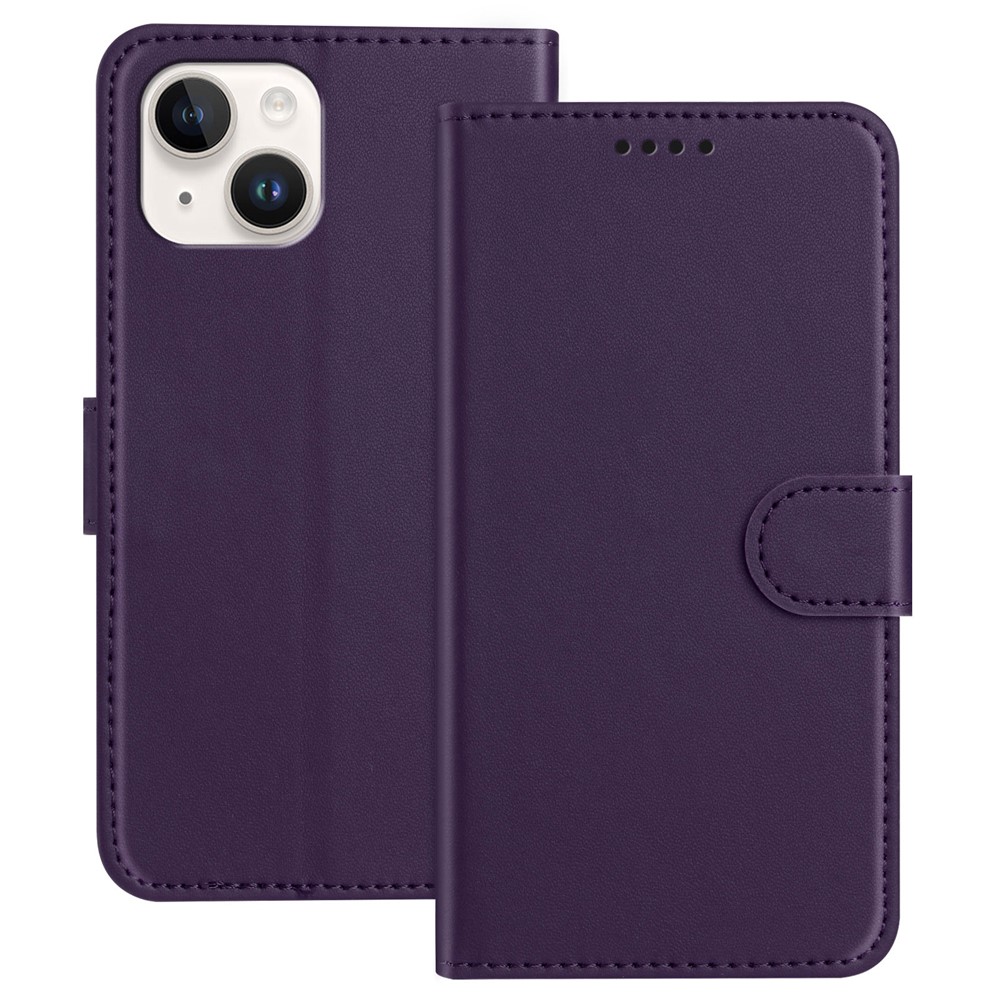 For iPhone 13 mini 5.4 inch Leather Case Wallet Stand Solid Color Anti Drop Phone Cover - Purple