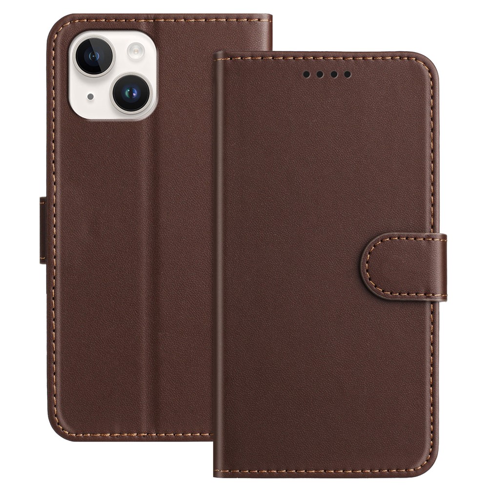 For iPhone 13 mini 5.4 inch Leather Case Wallet Stand Solid Color Anti Drop Phone Cover - Brown