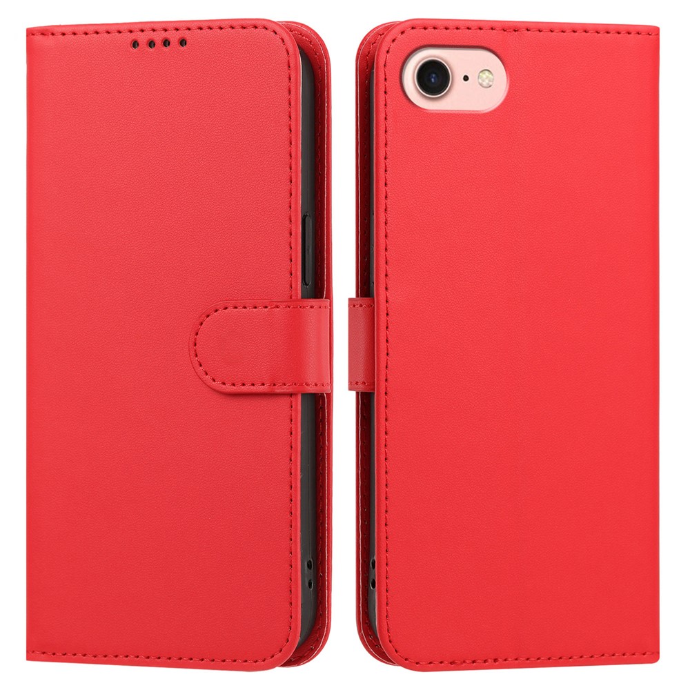 For iPhone SE (2022) / iPhone 6 4.7-inch / iPhone 6s 4.7-inch / iPhone 7 4.7 inch / iPhone 8 4.7 inch / iPhone SE (2020) Leather Case Wallet Stand Solid Color Anti Drop Phone Cover - Red
